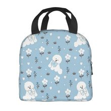 Load image into Gallery viewer, Image of an insulated bowtie bichon frise design Bichon Frise bag with exterior pocket