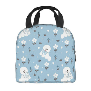 Image of an insulated bowtie bichon frise design Bichon Frise bag with exterior pocket