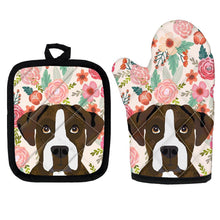 Load image into Gallery viewer, image of boxer oven mitten glove and pot holder set for baking in flowers in bloom design
