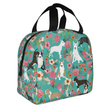 Load image into Gallery viewer, Image of an insulated Bull Terrier bag with exterior pocket in bloom design