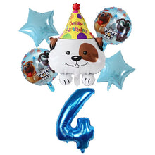Load image into Gallery viewer, Image of bull terrier balloon party pack with 4 age balloon