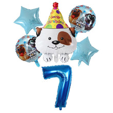 Load image into Gallery viewer, Image of bull terrier balloon party pack with 7 age balloon