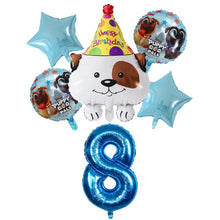 Load image into Gallery viewer, Image of bull terrier balloon party pack with 8 age balloon