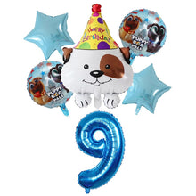 Load image into Gallery viewer, Image of bull terrier balloon party pack with 9 age balloon