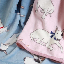 Load image into Gallery viewer, Close up image of fleece bull terrier blankets in the color pink and blue