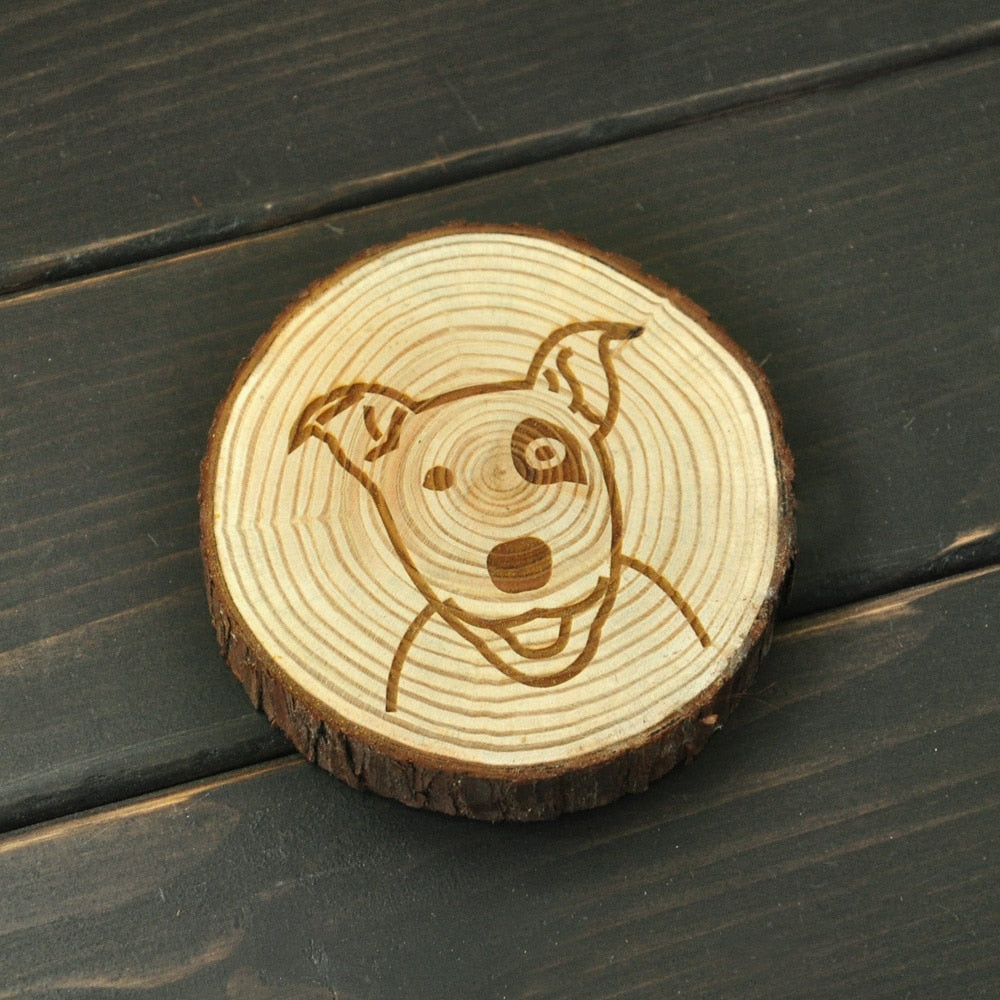 Image of a wood-engraved Bull Terrier coaster