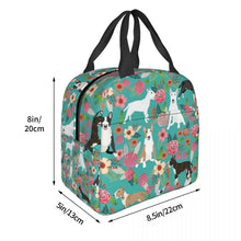 Load image into Gallery viewer, Image of the size of an insulated Bull Terrier lunch bag with exterior pocket in bloom design