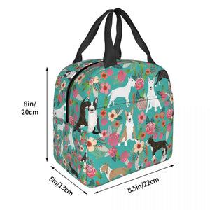 Image of the size of an insulated Bull Terrier lunch bag with exterior pocket in bloom design
