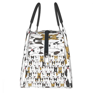 Side image of a Bull Terrier lunch bag in the cutest Bull Terrier design
