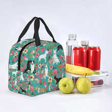 Load image into Gallery viewer, Image of an insulated Bull Terrier lunch bag in bloom design