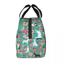 Load image into Gallery viewer, Side image of an insulated Bull Terrier lunch bag with exterior pocket in bloom design
