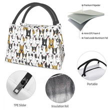 Load image into Gallery viewer, Detailed info of a Bull Terrier lunch bag in the cutest Bull Terrier design