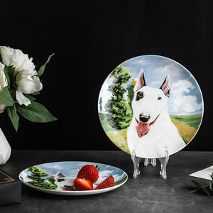 Image of two bone china Bull Terrier decoative plate in a beautiful Bull Terrier print