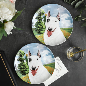 Image of two similar bone china Bull Terrier decoative plate in a beautiful Bull Terrier print