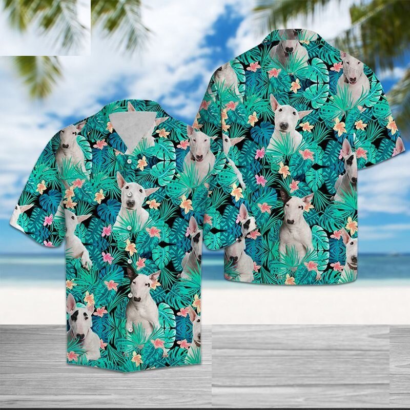 Image of bull terrier shirt in the most adorable tropical Bull Terriers with palm trees and flowers print