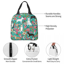 Load image into Gallery viewer, Information detail image of an insulated Bull Terrier lunch bag with exterior pocket in bloom design