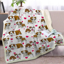Load image into Gallery viewer, Image of a super-cute Bulldog blanket with infinite Bulldogs with hearts design