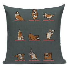 Load image into Gallery viewer, Image of an english bulldog cushion cover in the cutest English Bulldog doing Yoga design