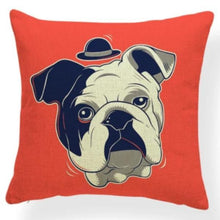 Load image into Gallery viewer, Image of an english bulldog cushion cover in the cutest top hat English Bulldog design on a bright red background