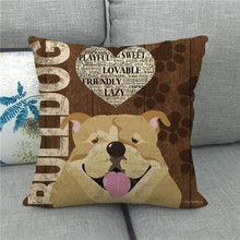 Load image into Gallery viewer, Image of a bulldog cushion cover in a beautiful Why I Love My Bulldog design