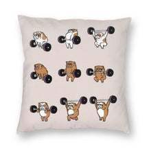 Load image into Gallery viewer, Image of a bulldog cushion cover in the most adorable Bulldogs lifting weights design