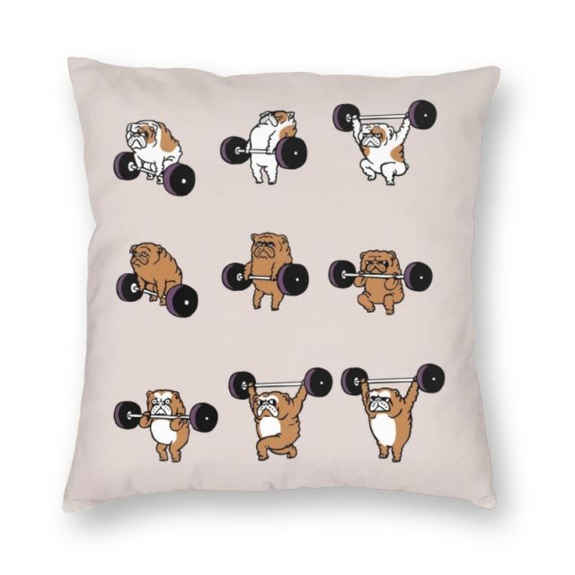 Image of a bulldog cushion cover in the most adorable Bulldogs lifting weights design