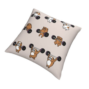 Image of a super cute english bulldog cushion cover in the most adorable Bulldogs lifting weights design