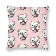 Load image into Gallery viewer, Image of a bulldog cushion cover in a super happy English Bulldog design on a peachy pink background