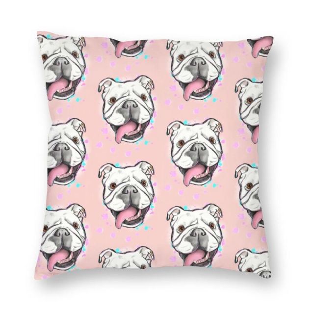 Image of a bulldog cushion cover in a super happy English Bulldog design on a peachy pink background