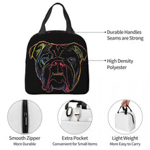 Load image into Gallery viewer, Information detail image of an insulated English Bulldog lunch bag with exterior pocket