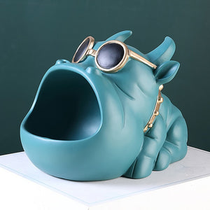 Image of a super cute bully style ears english bulldog piggy bank in green blue color