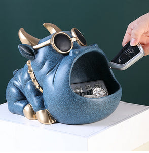 Image of a super cute bully style ears english bulldog piggy bank in the color textured blue
