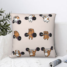 Load image into Gallery viewer, Image of a bulldog pillow cover in the most adorable Bulldogs lifting weights design