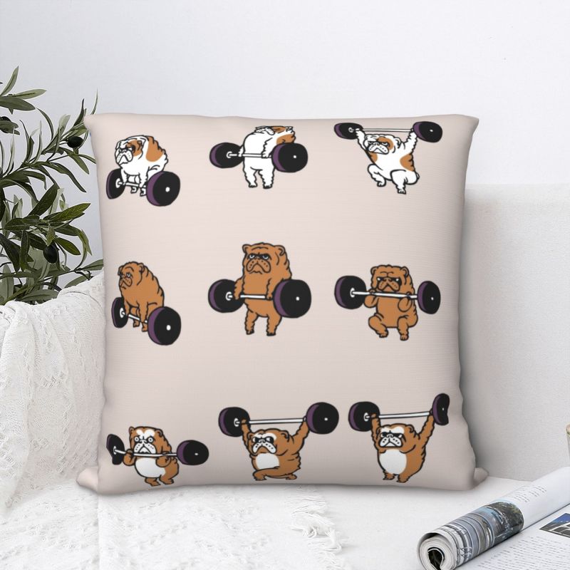 Image of a bulldog pillow cover in the most adorable Bulldogs lifting weights design