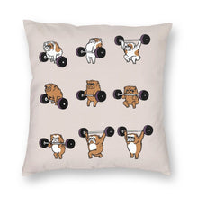 Load image into Gallery viewer, Image of a super cute english bulldog pillow cover in the most adorable Bulldogs lifting weights design