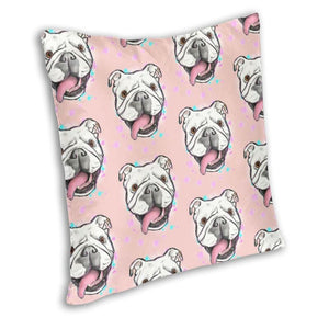 Image of a bulldog pillow cover in a super happy English Bulldog design on a peachy pink background