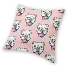 Load image into Gallery viewer, Image of a super cute bulldog pillow cover in a super happy English Bulldog design on a peachy pink background