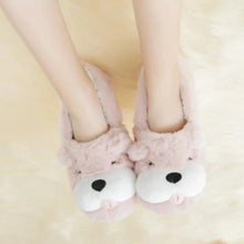 Load image into Gallery viewer, Image of a girl wearing super cute and comfy English Bulldog slippers in the color pink
