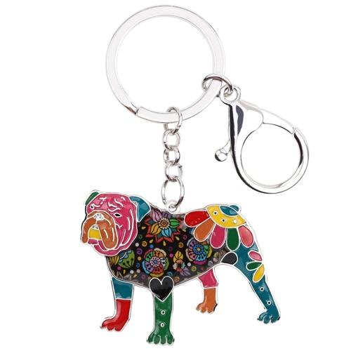 Image of an adorable multicolor enamel English Bulldog keychain