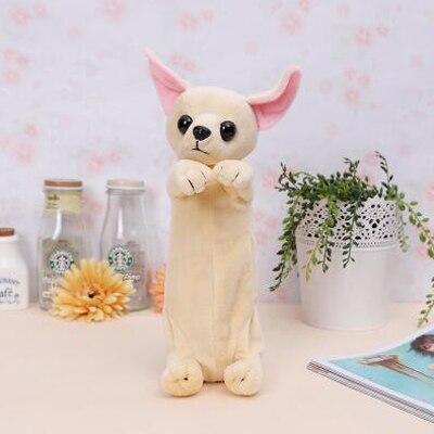 Image of an adorable Chihuahua pouch in the shape of Chihuahua made of soft plush fabric