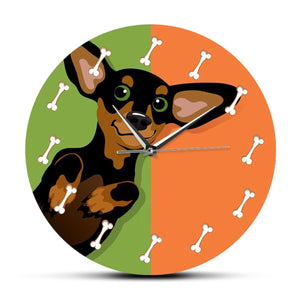 Image of a no frame black and tan Chihuahua clock with an adorable Chihuahua with bones design