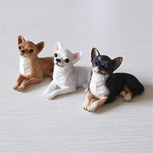 Load image into Gallery viewer, Image of three sitting Chihuahua figurines in three beautiful Chihuahua colors including Fawn, White, and Black Tri!