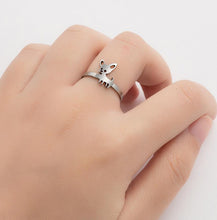 Load image into Gallery viewer, Image of a lady wearing a silver Chihuahua ring