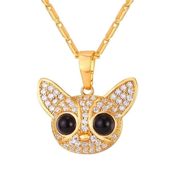 Image of a gold color Chihuahua necklace with big beady eyes, made of metal