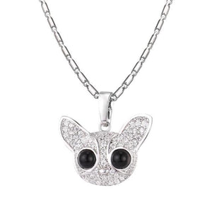 Image of a silver color Chihuahua necklace with big beady eyes, made of metal