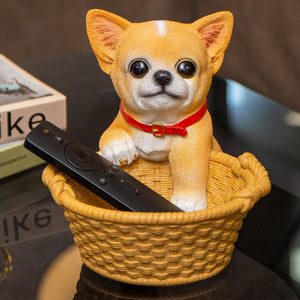 Image of a super cute Chihuahua ornament in the most helpful Chihuahua holding a basket design