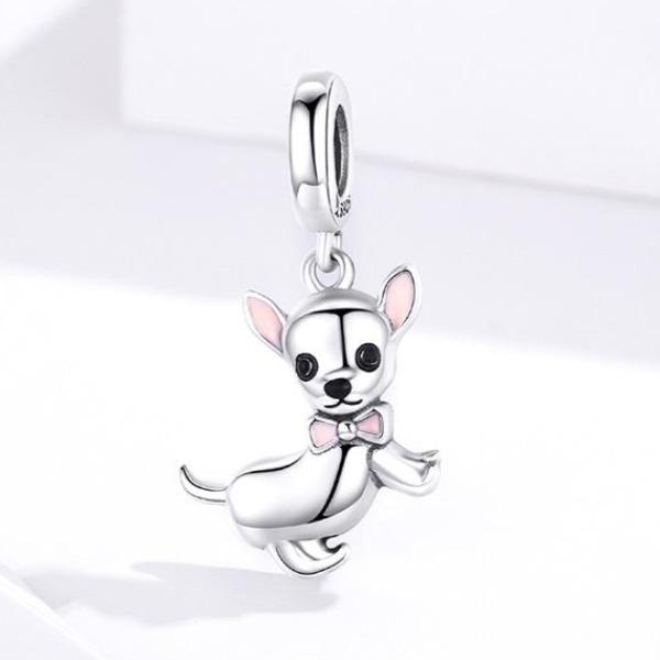 Image of a Chihuahua pendant featuring the cutest Chihuahua with pink ears and a pink bow tie, made of 925 Sterling Silver