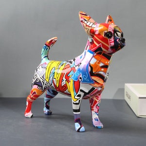 Side image of a super cute multicolor graffiti design Chihuahua statue