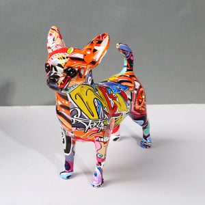 Front image of a super cute multicolor graffiti design Chihuahua statue