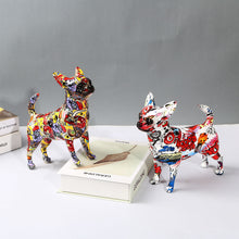 Load image into Gallery viewer, Image of two stunning multicolor graffiti design Chihuahua statues